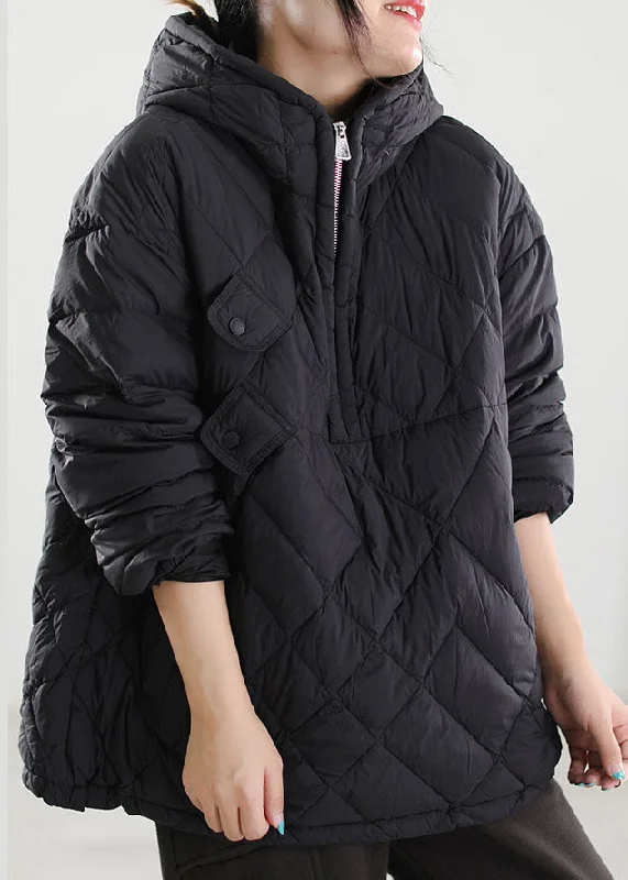 Plus Size Black Hooded Patchwork Duck Down Down Coat Winter