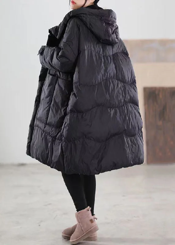 Plus Size Black Hooded Pockets Patchwork Duck Down Coat Winter