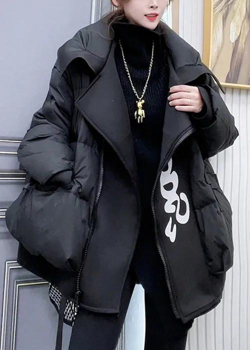 Plus Size Black Zip Up Pockets Patchwork Duck Down Coats Winter