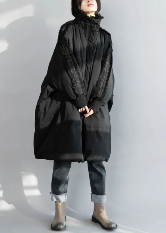 Plus Size Black Zip Up Tassel Oversized Duck Down Coat Winter