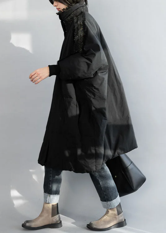 Plus Size Black Zip Up Tassel Oversized Duck Down Coat Winter