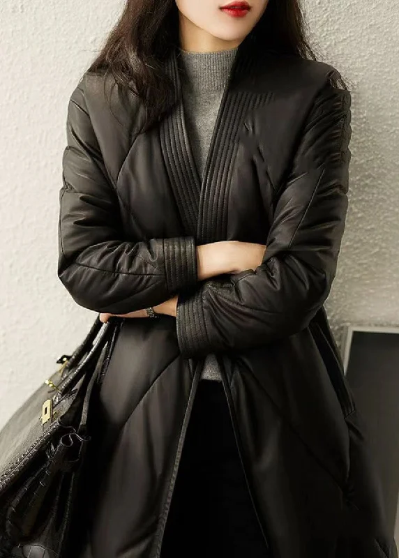 Simple Black V Neck Tie Waist Patchwork Sheepskin Duck Down Coat Winter