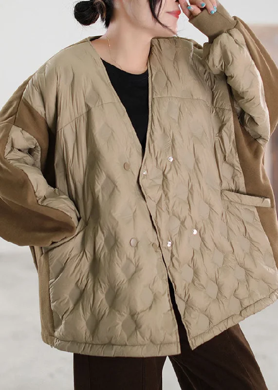 Simple Khaki V Neck Patchwork Duck Down down coat Winter