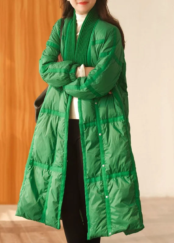 Stylish Green V Neck Knit Patchwork Duck Down Down Coats Winter