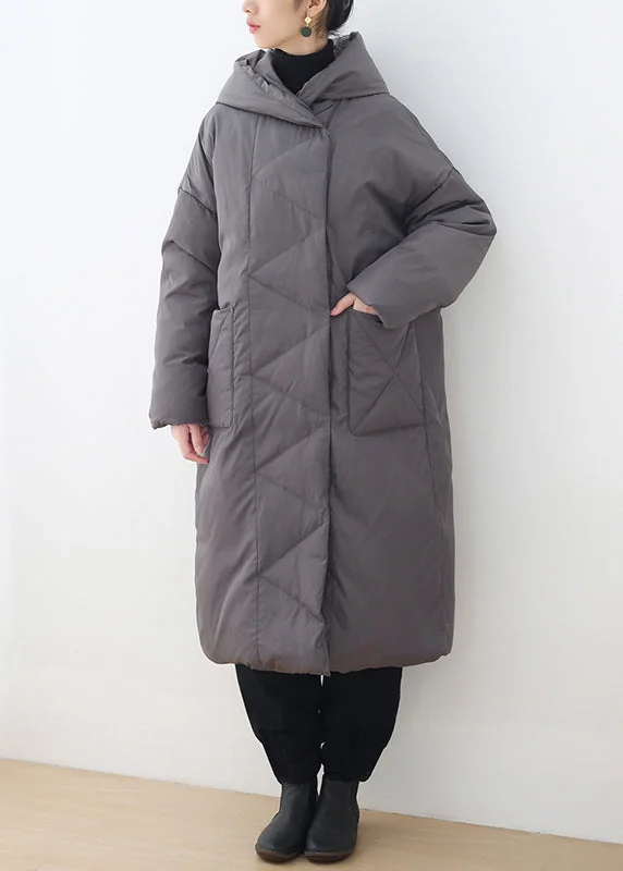 Stylish Grey Zippered Button Duck Down Long Hooded Down Coats Winter