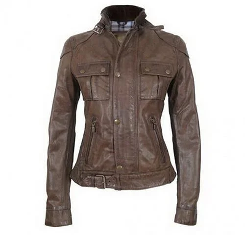 Super Double Pocket Women Classic Real Leather Jacket