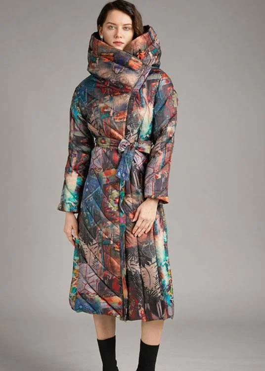 Trendy tie waist slim fit long Print Winter Duck Down down coat