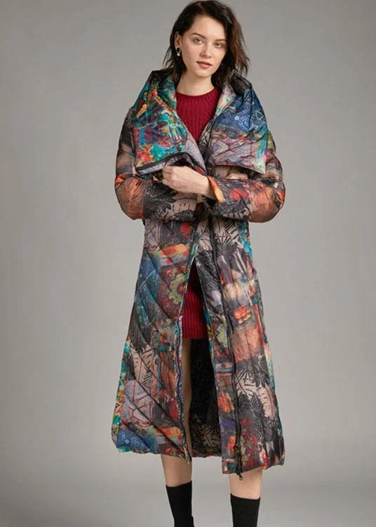 Trendy tie waist slim fit long Print Winter Duck Down down coat