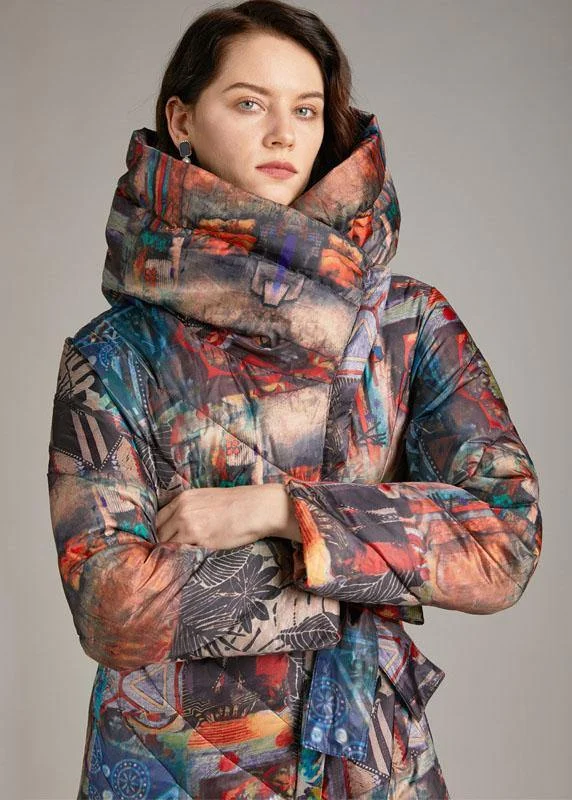 Trendy tie waist slim fit long Print Winter Duck Down down coat