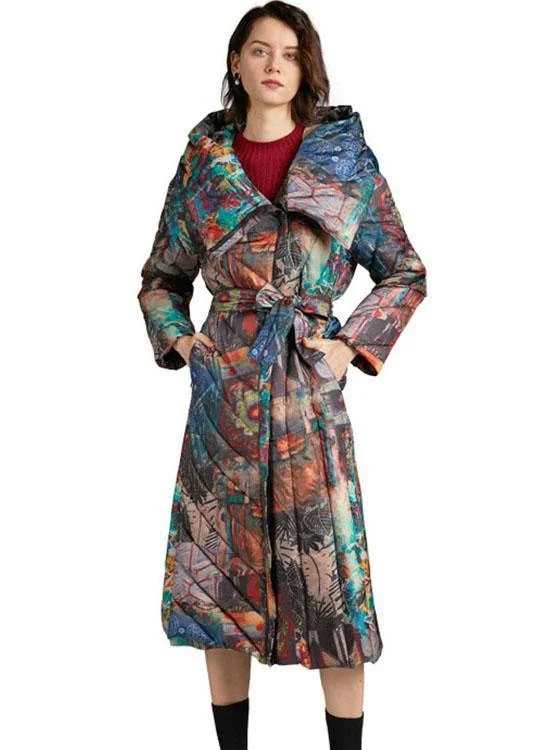 Trendy tie waist slim fit long Print Winter Duck Down down coat