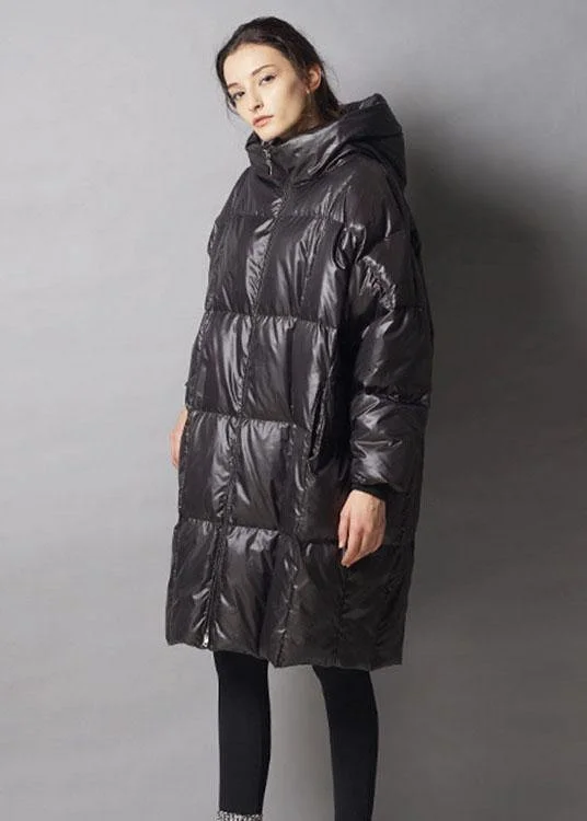 Unique Black hooded zippered Casual Winter Duck Down Thick down coat