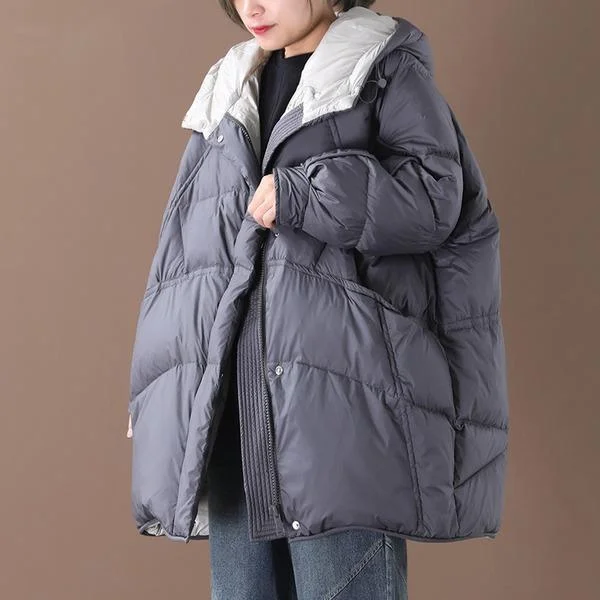 Whiter Thick Warm Duck Down Jacket Female Black Gray Hooded Loose Korea Style Girls Oversize Down Coat