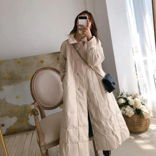 Winter Elegant New Lapel White Duck Down Jacket Women Over The Knee Fashion  Clothing