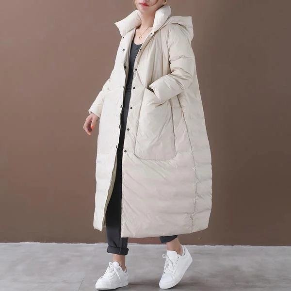 Women Beige Warm Winter Down Coats Hooded Pockets Wide-waisted Female Long Down Coats