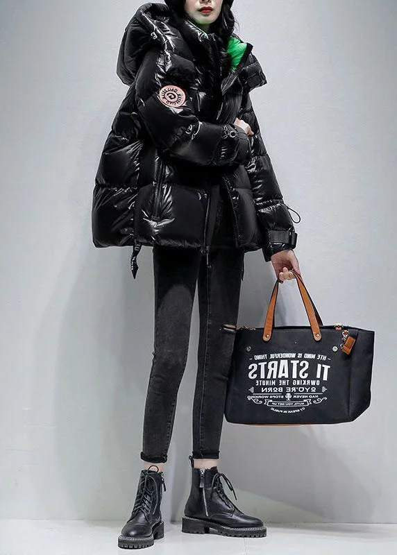 Women Black Hooded Drawstring Streetwear Duck Down Down Coat Winter