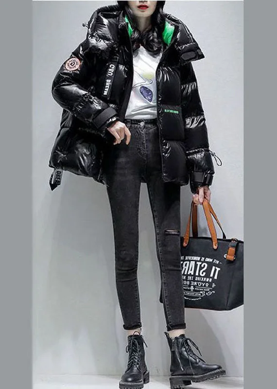 Women Black Hooded Drawstring Streetwear Duck Down Down Coat Winter