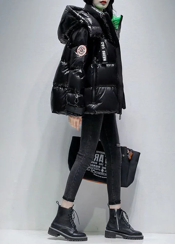 Women Black Hooded Drawstring Streetwear Duck Down Down Coat Winter