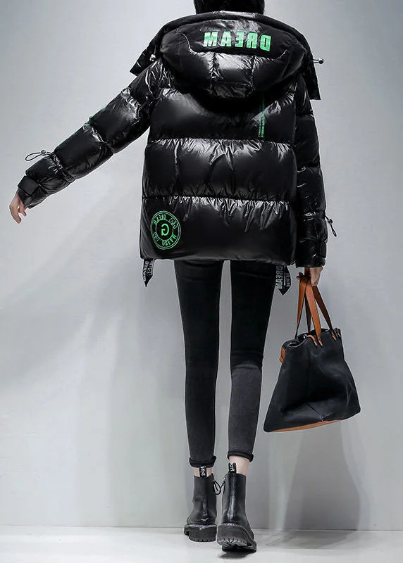 Women Black Hooded Drawstring Streetwear Duck Down Down Coat Winter