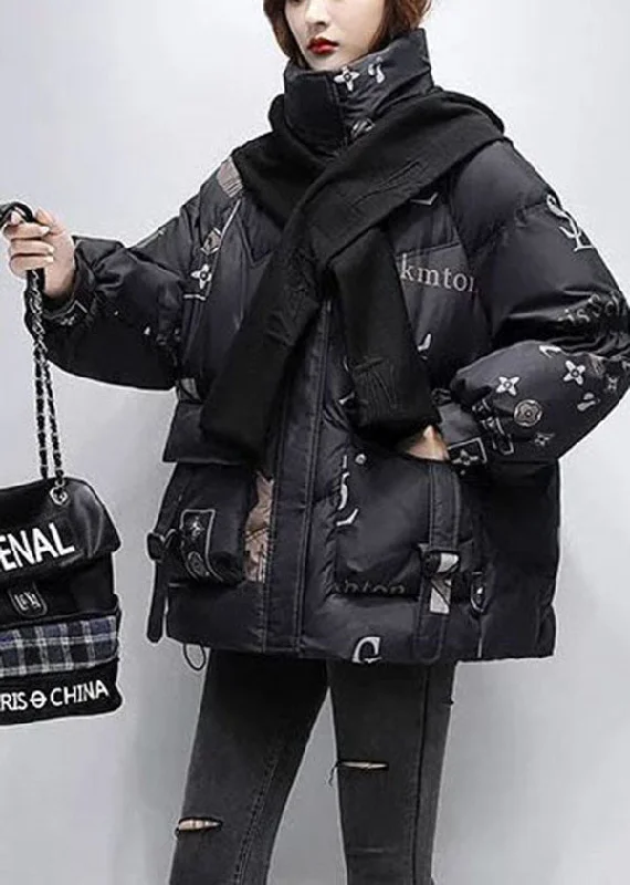 Women Black Letter Print Hooded Scarf Duck Down Down Coat Winter