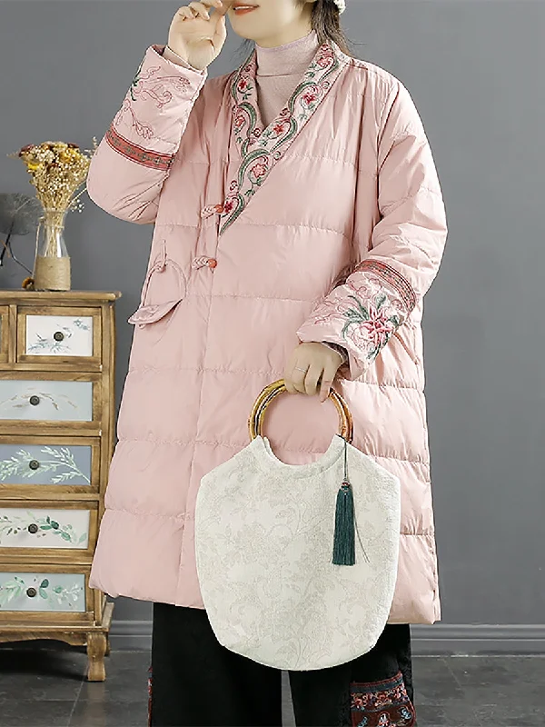 Women Ethnic Embroidery V-neck Down Coat