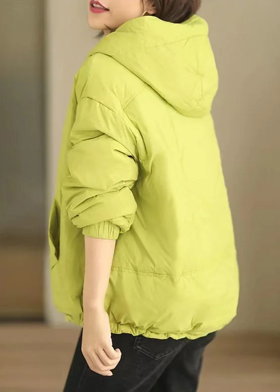 Women Green Hooded Button Patchwork Duck Down Coat Winter