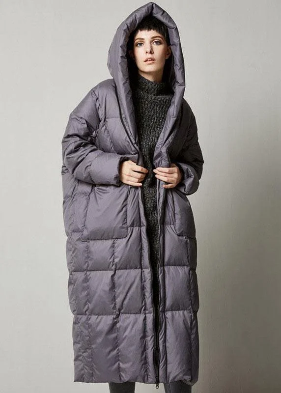 Women Grey Loose hooded long Winter Duck Down down coat