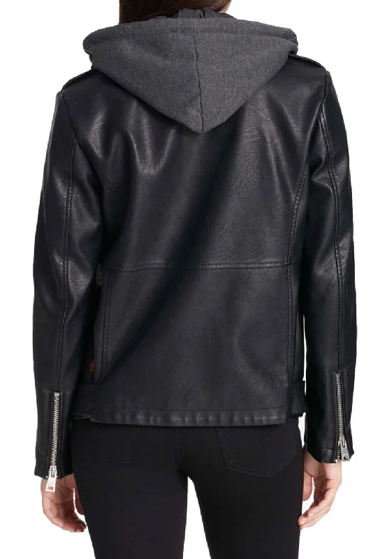 Women's Black Leather Hooded Biker Jacket