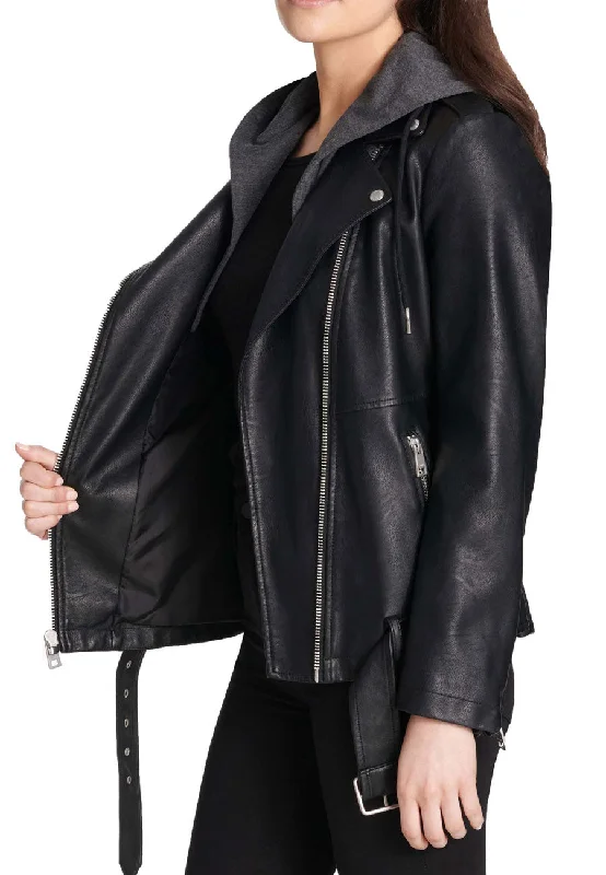 Women's Black Leather Hooded Biker Jacket