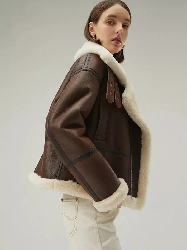 Women’s Chocolate Brown Leather Shearling Aviator Jacket