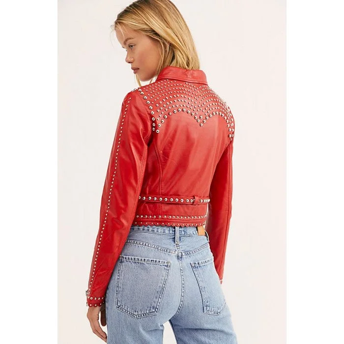 Women’s Red Leather Biker Punk Jacket