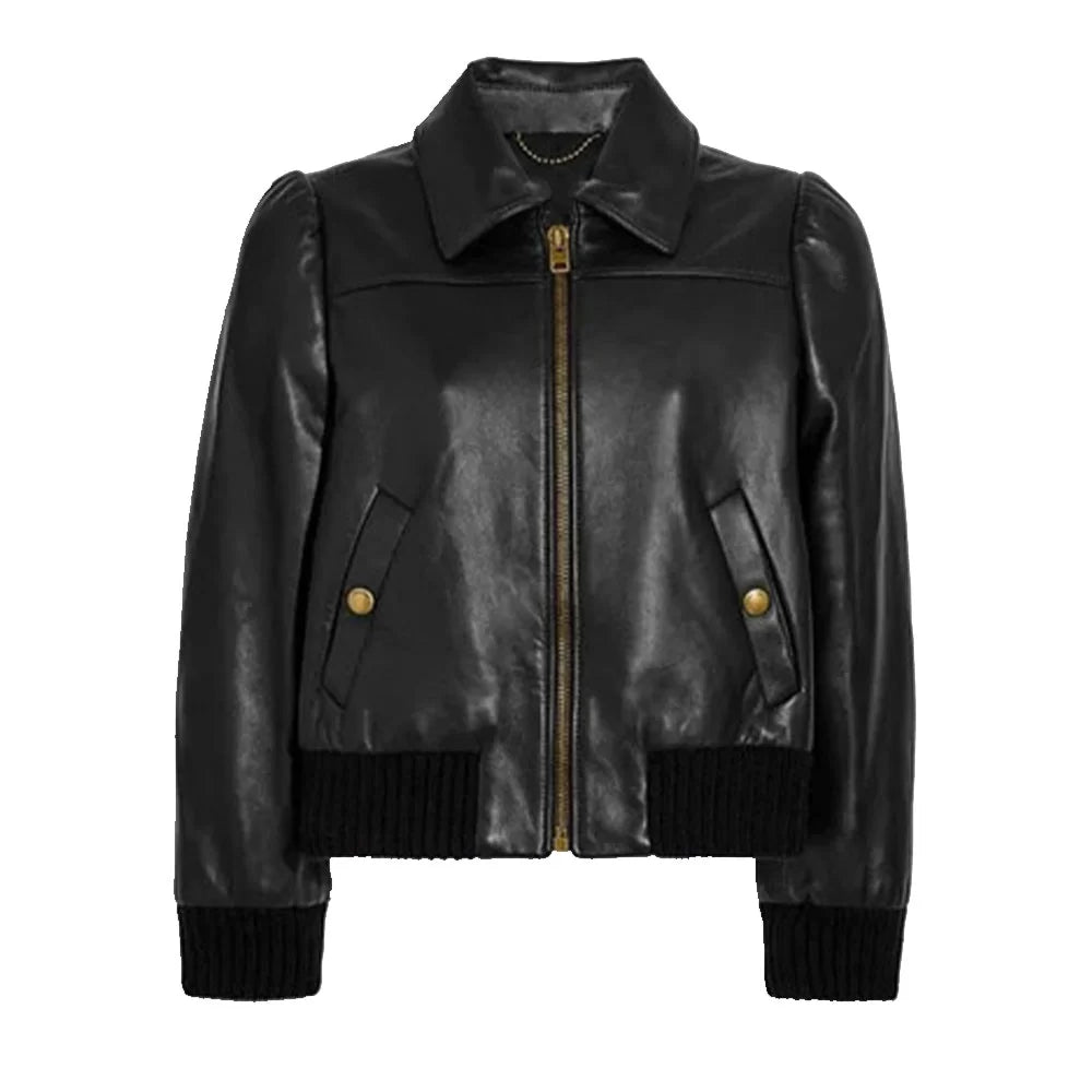 Women's Black Aviator Leather Bomber Jacket