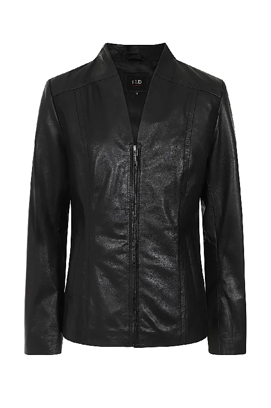 <span style=""color: red; font-size: 28px; ""> SPECIAL PROMOTION From £99</span><br>Women's Black Classic Zip Up Genuine Leather Jacket with a “V” Neck  - LAURA