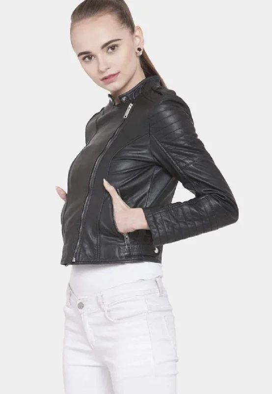 Women's Black Leather Biker Jacket Slim Fit