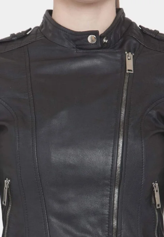 Women's Black Leather Biker Jacket Slim Fit