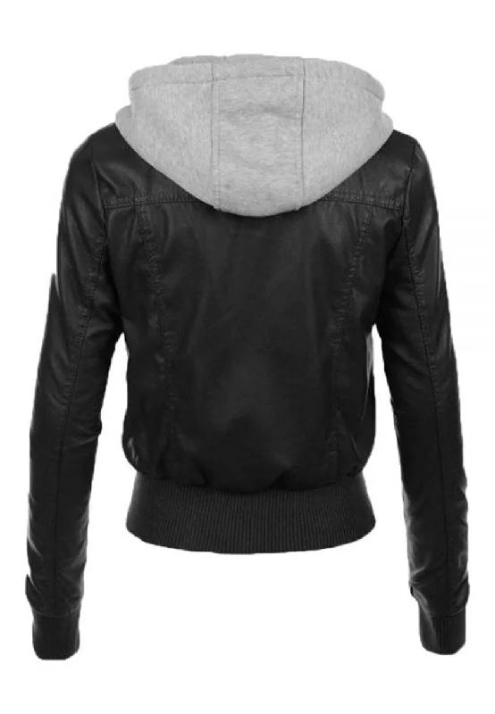 Women's Black Leather Removable Gray Hooded Bomber Jacket