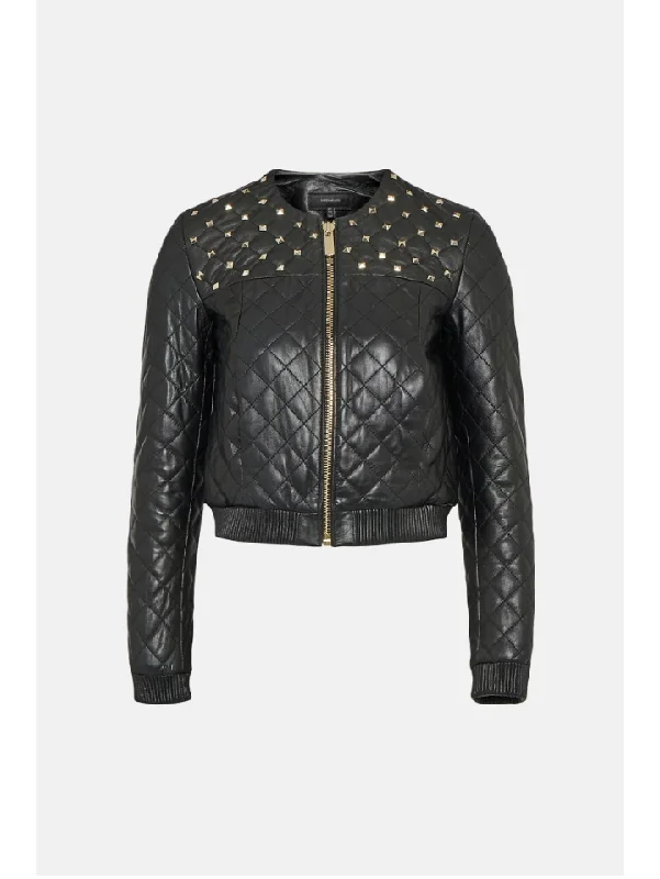 Women's Black Leather Studded Bomber Jacket