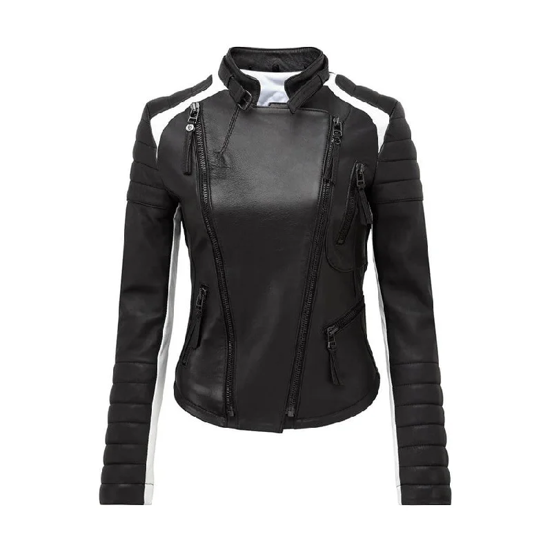 Women's Black & White Sheepskin Biker Leather Jacket