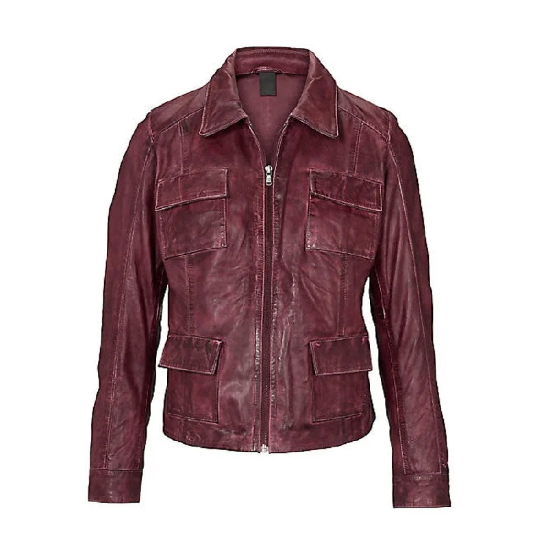 Women's Maroon Leather Zip Jacket