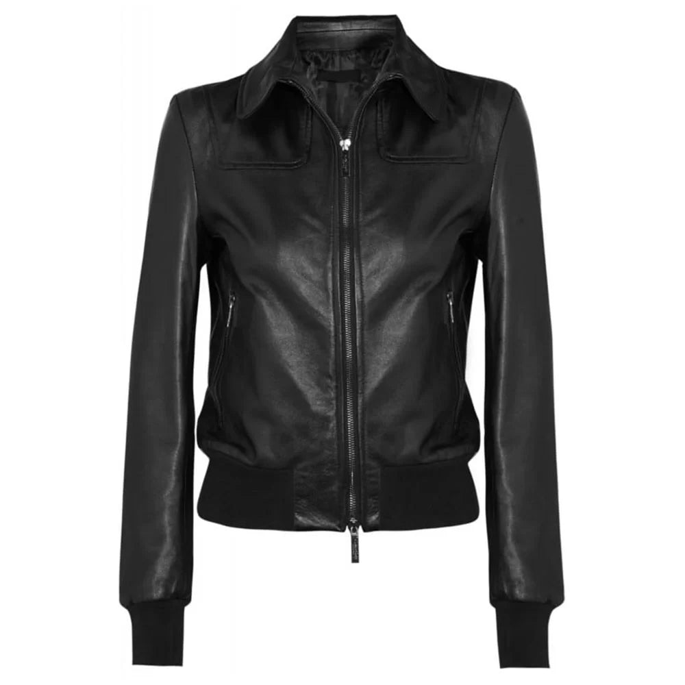 Women's Shirt Style Collar Bomber Leather Jacket