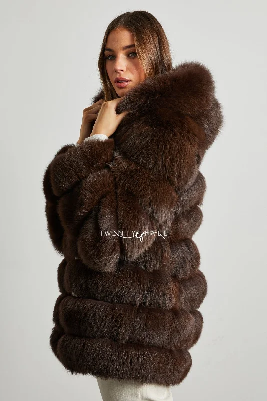 7 Ring Chocolate Fox Fur Coat with Hood