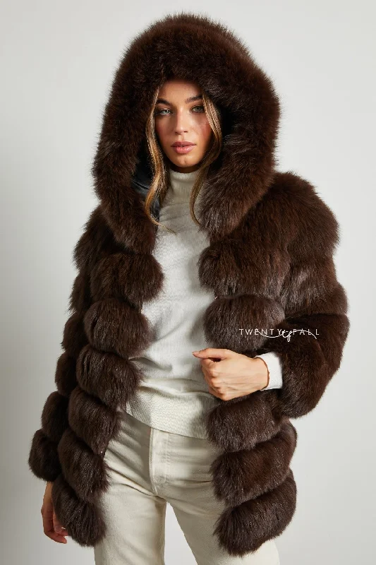 7 Ring Chocolate Fox Fur Coat with Hood