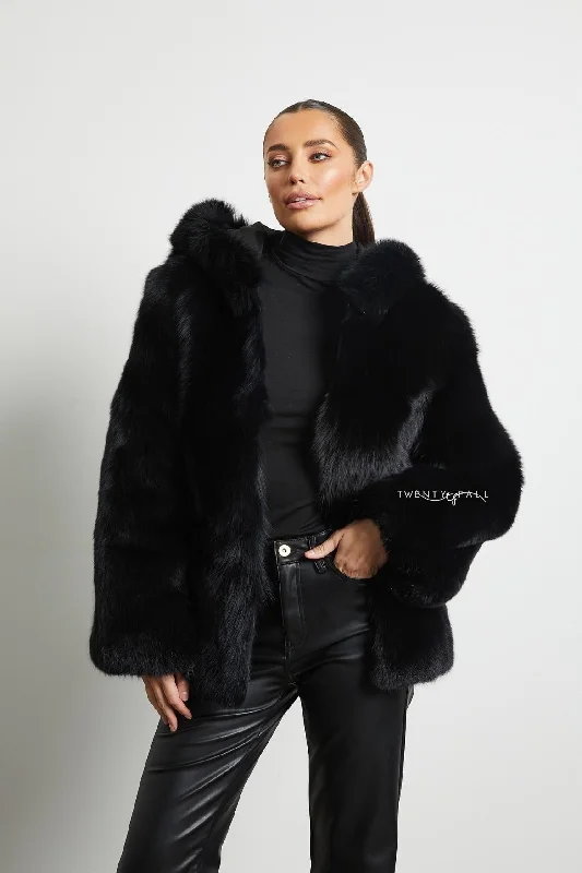 Black Fox Fur Coat with Full Pelt Fur Sleeves and Hood