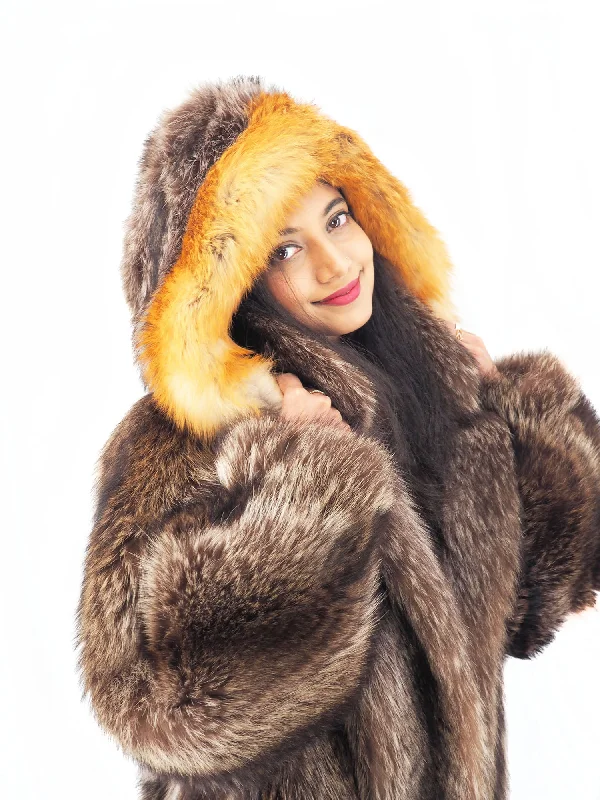 Raccoon Fur Coat Coats Detachable Hood with Red Fox Trim M/L 49"" Long