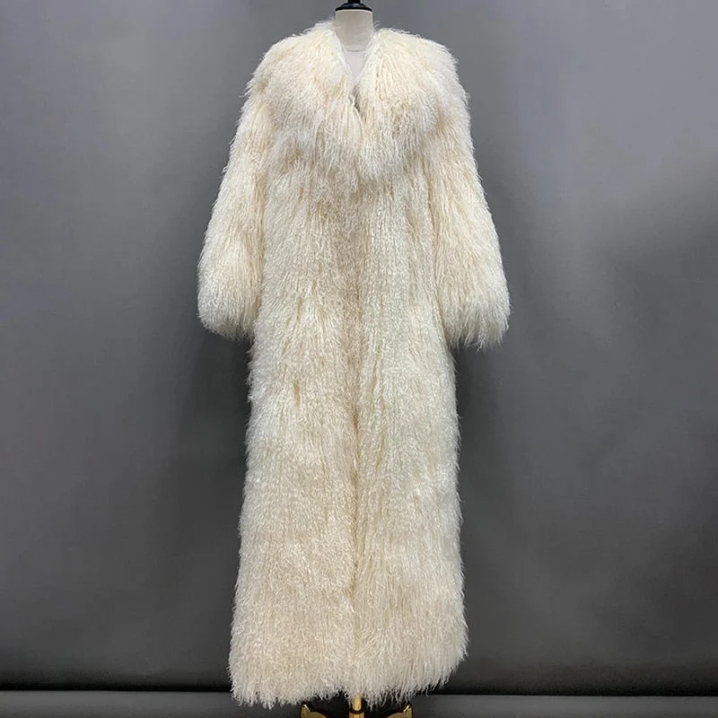 Real Mongolian Wool Fur Floor Length Coats