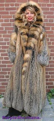 Sensational Hooded Solid Multi Color Cross Fox Canadian Fur Coat 80"" Sweep M/L