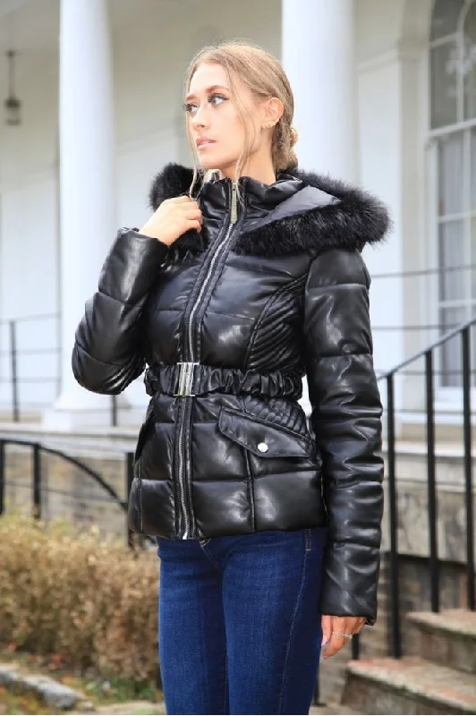 double-second-black-vegan-leather-short-puffer