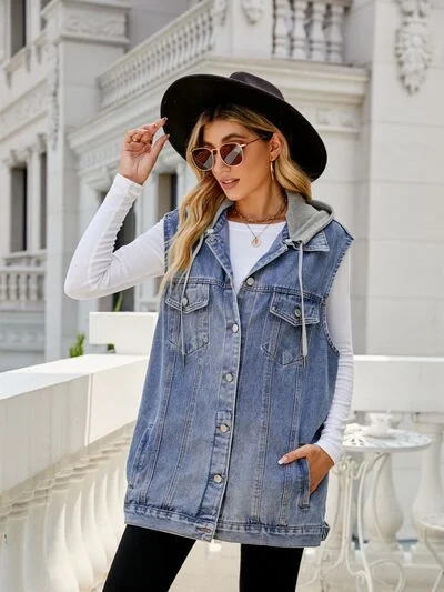 drawstring-pocketed-button-up-sleeveless-denim-jacket