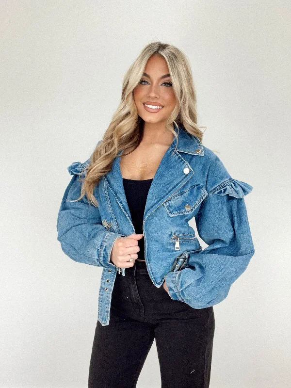 Ruffle Biker Denim Jacket